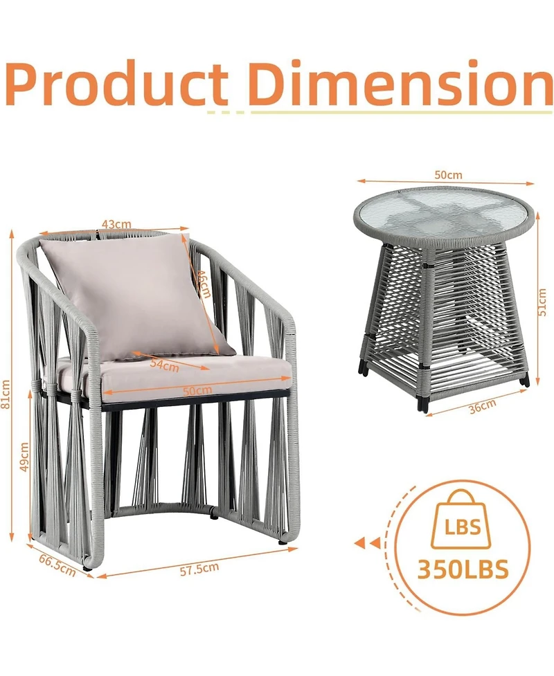 Dyhome 3 Pieces Outdoor Patio Furniture Set Woven Rope Chairs with Table and Soft Cushions