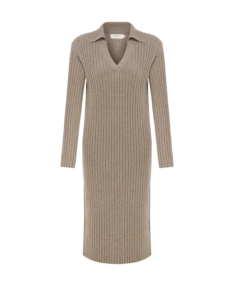 Labeca London Us Women's Naomi Coffee V Neck Cashmere-Blend Midi Dress - M / Gray