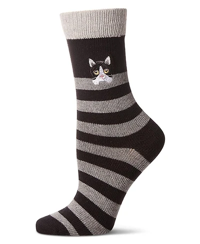 MeMoi Women's "Just Hanging" Striped Embroidered Cotton Rich Novelty Crew Socks