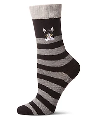 MeMoi Women's "Just Hanging" Striped Embroidered Cotton Rich Novelty Crew Socks