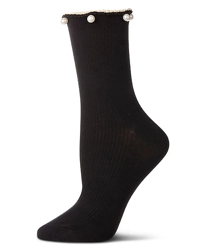 MeMoi Women's Cotton Rich Faux Pearl Trimmed Lettuce Edge Ankle Sock