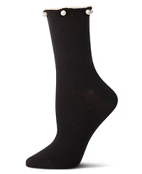 MeMoi Women's Cotton Rich Faux Pearl Trimmed Lettuce Edge Ankle Sock