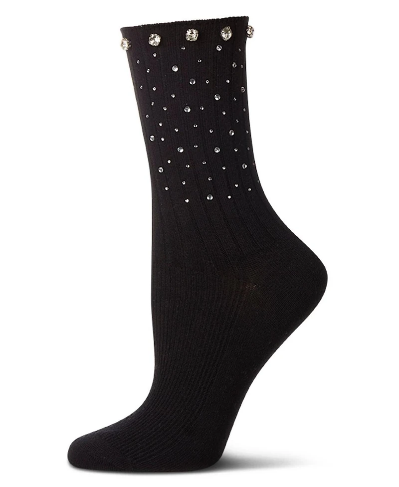MeMoi Women's Ribbed Rhinestone Studded Cotton Rich Crew Sock