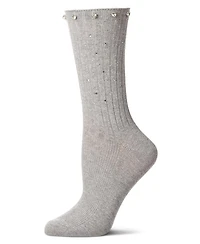 MeMoi Women's Ribbed Rhinestone Studded Cotton Rich Crew Sock