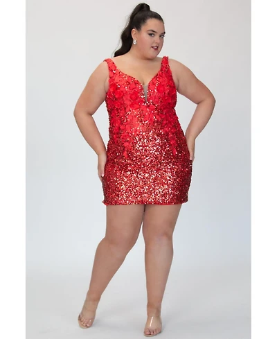 Sydney's Closet Sequin & 3D Floral Lace Mini Red Party Dress