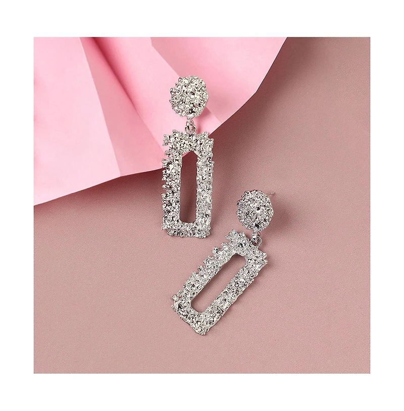 Sohi Women's Silver Textured Geometric Drop Earrings