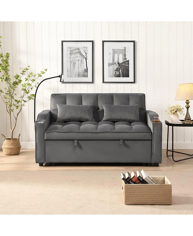 Tufted Convertible Loveseat Sleeper Sofa with Pull-Out Bed, Usb Charging & Cup Holders, Space-Saving 3-in-1 Design-Maison Boucle