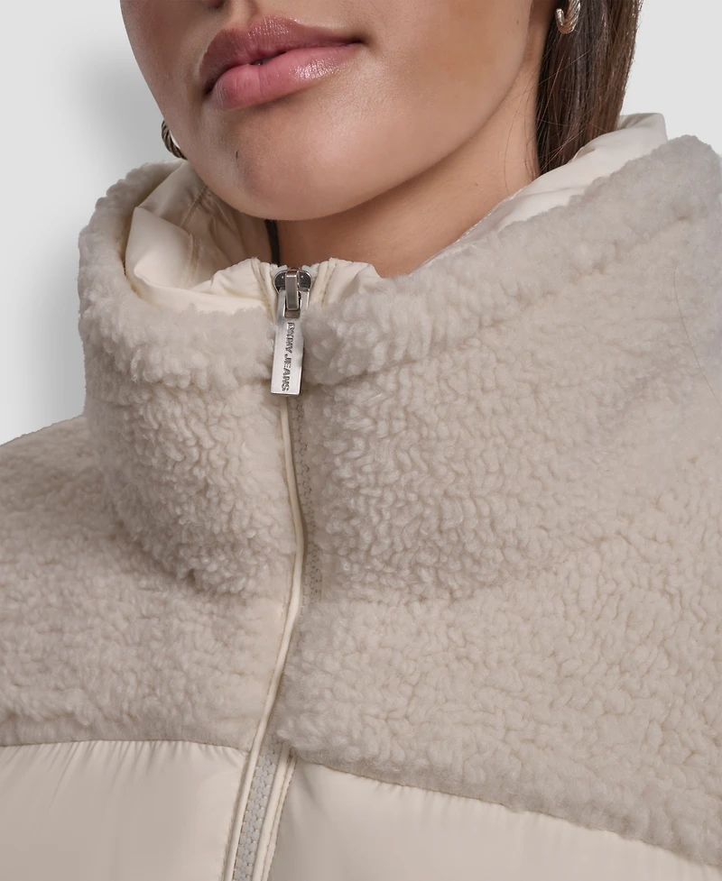 Dkny Jeans Women's Faux-Sherpa Puffer Mixed Coat