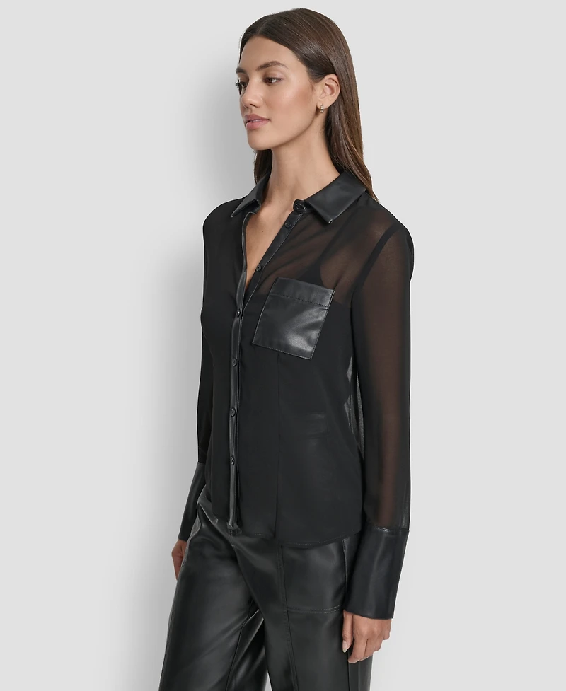 Dkny Jeans Women's Faux-Leather Trim Sheer-Mesh Shirt - BLK