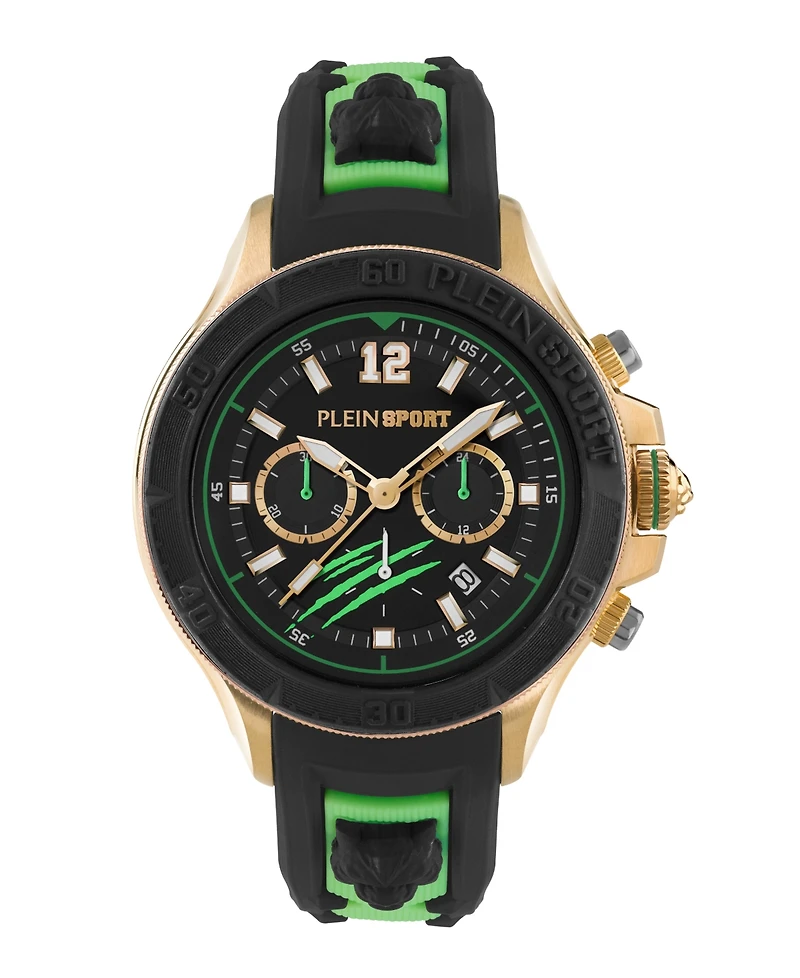Plein Sport Mens Warrior Tech Chronograph Date Quartz Green Silicone Strap 47.5MM