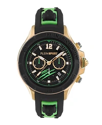 Plein Sport Mens Warrior Tech Chronograph Date Quartz Green Silicone Strap 47.5MM