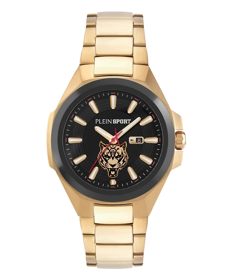 Plein Sport Mens Tigermaster 3 Hand Date Quartz Ip Yellow Gold Bracelet 47mm