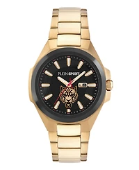 Plein Sport Mens Tigermaster 3 Hand Date Quartz Ip Yellow Gold Bracelet 47mm