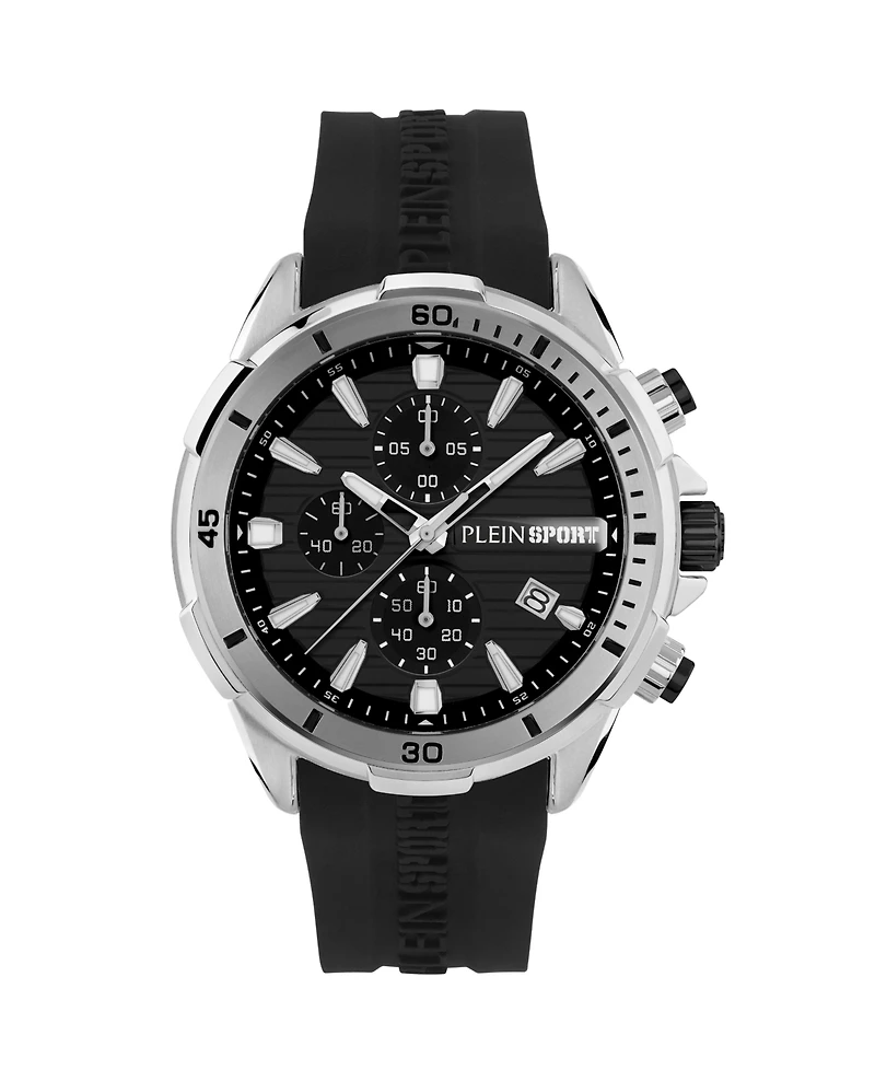 Plein Sport Mens Impact Chronograph Date Quartz Black Silicone Strap 46MM