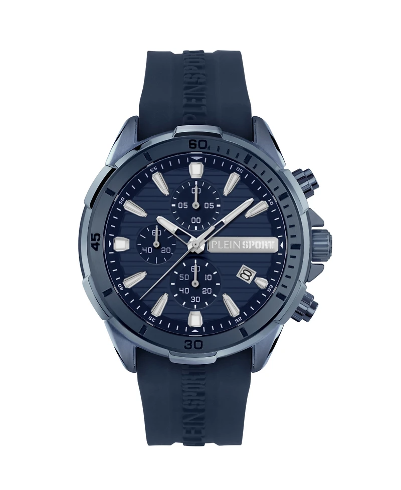 Plein Sport Mens Impact Chronograph Date Quartz Blue Silicone Strap 46MM