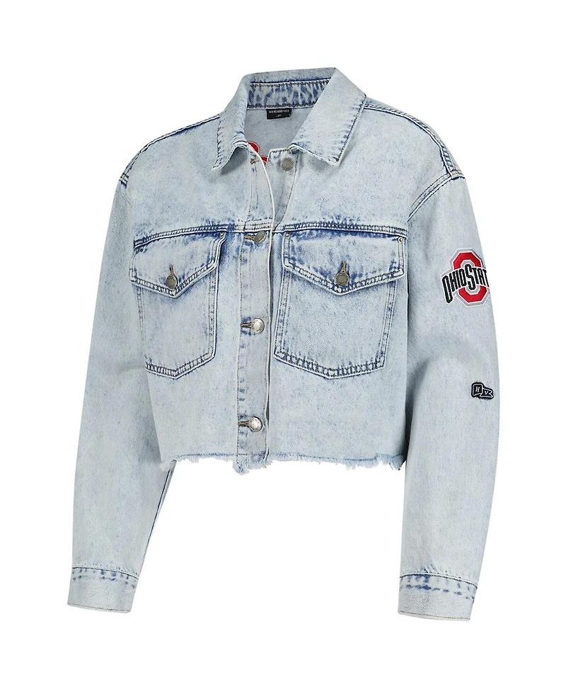 Hype and Vice Women's Denim Ohio State Buckeyes Lightwash Cropped Button-Up Jean Jacket