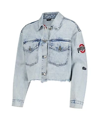 Hype and Vice Women's Denim Ohio State Buckeyes Lightwash Cropped Button-Up Jean Jacket