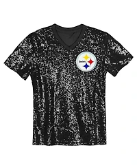 Outerstuff Big Girls Black Pittsburgh Steelers Wordmark Sequin V-Neck Top