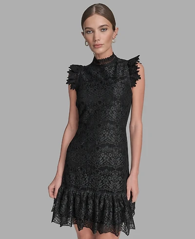 Bcbg Women's Floral Lace Ruffle Hem Shift Dress