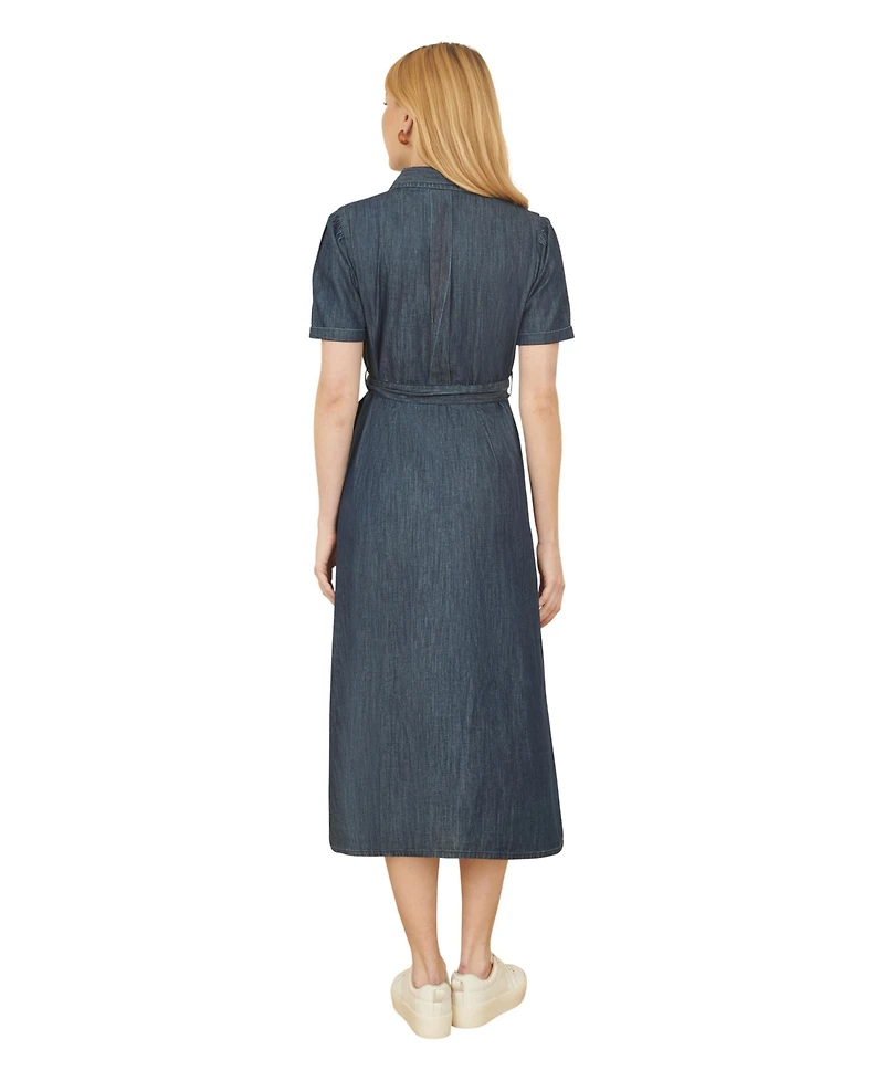 Yumi Women's Chambray Denim Utility Midi Shirt Dress