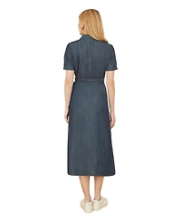 Yumi Women's Chambray Denim Utility Midi Shirt Dress