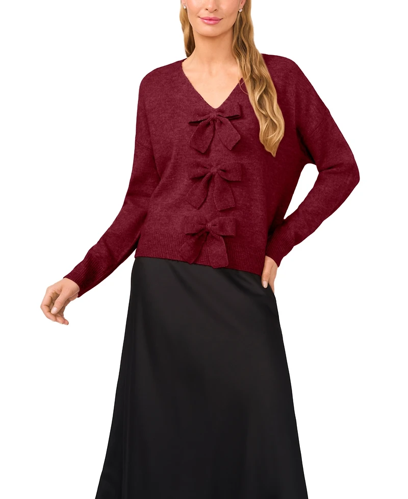 CeCe Women's Bow Detail V-Neck Sweater