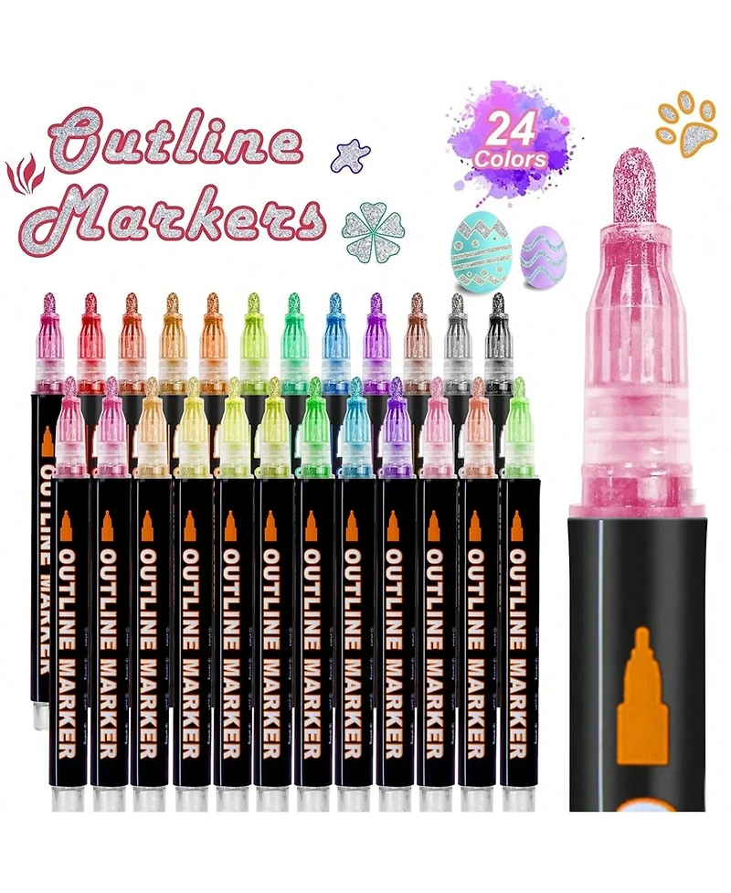 Htutwoo 24 Colors Double Line Outline Pens, Shimmer Markers Set for Drawing, Greeting Card, Diy Art Crafts, Scrap Booking