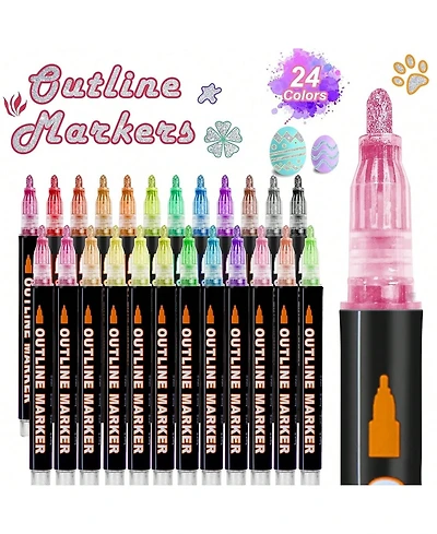Htutwoo 24 Colors Double Line Outline Pens, Shimmer Markers Set for Drawing, Greeting Card, Diy Art Crafts, Scrap Booking