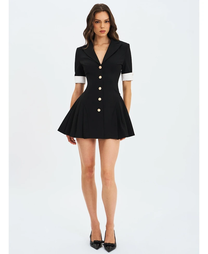 Miss Circle Women's Ilitha Black Woven Crepe Pleated A-Line Mini Dress