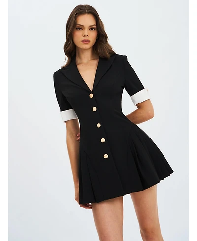 Miss Circle Women's Ilitha Black Woven Crepe Pleated A-Line Mini Dress