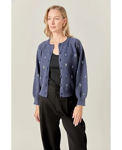 English Factory Women's Beads Floral Round Neck Cardigan