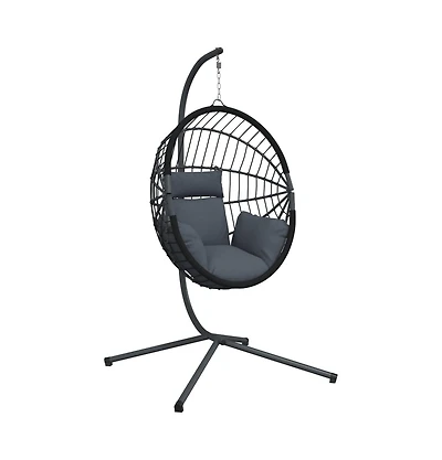 Hanging Egg Chair Anthracite, Black Steel, Rope, Rattan