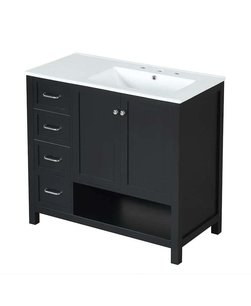 Casainc 36" Bathroom Vanity with Sink Top, Cabinet Two Doors, Drawers and Open Shelf, Solid Wood Mdf, One Package