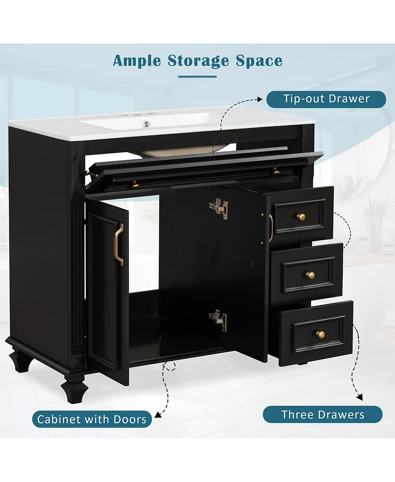 Casainc 36" Bathroom Vanity with Sink, Cabinet Flip-Out Drawer, 3 Drawers, 2 Soft-Close Doors, Solid Wood and Mdf, Premium Hardware