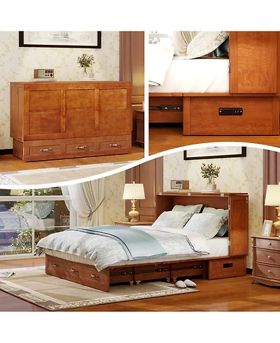 Livelylodge Solid Wood Queen Murphy Bed Cabinet,Usb Port & Large Drawer for Home/Guest Room(No Mattress)