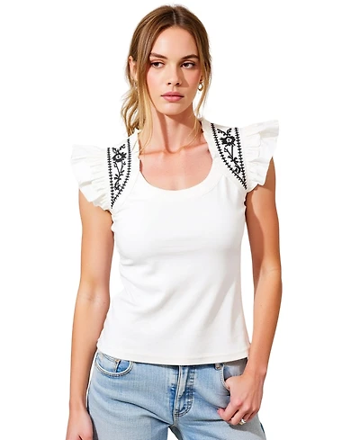 Modenaire Women's Ruffled Cap Sleeve Embroidered Knit Top