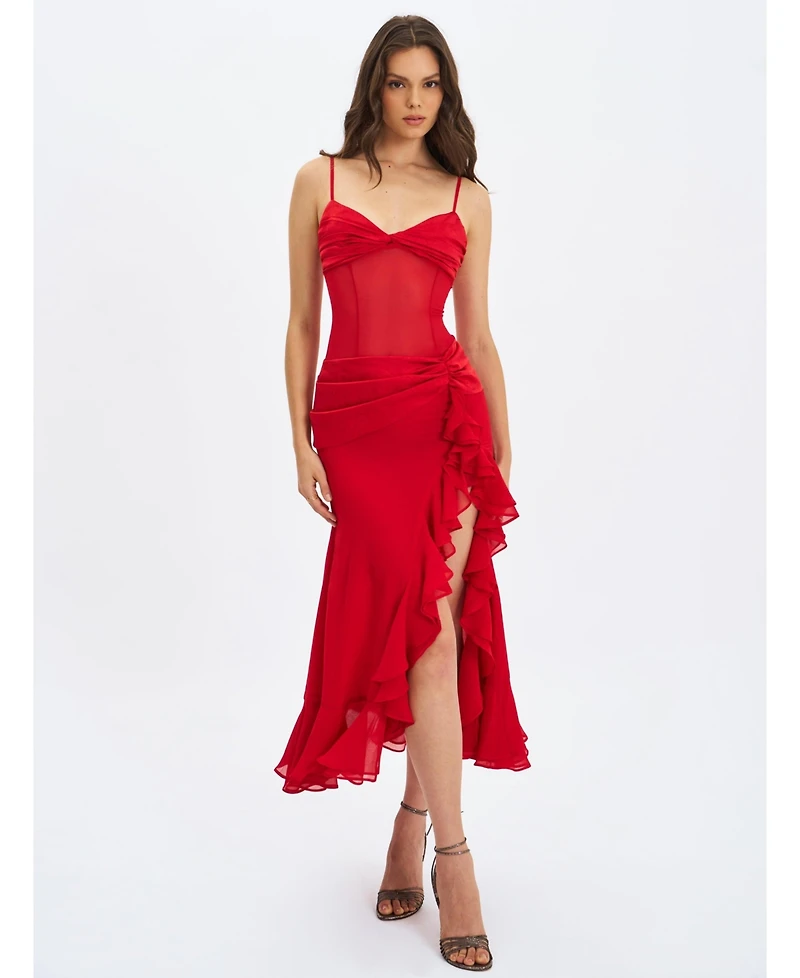 Miss Circle Women's Dahlina Red Ruched Waist High Slit Maxi Dress