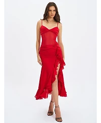 Miss Circle Women's Dahlina Red Ruched Waist High Slit Maxi Dress