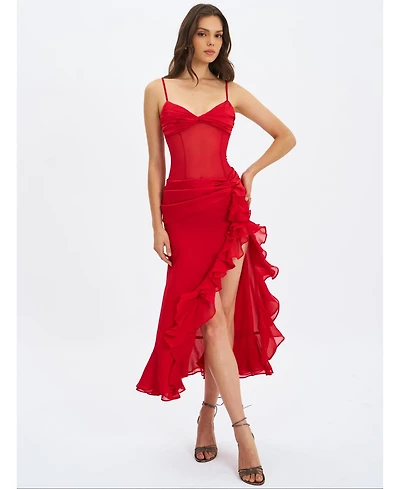 Miss Circle Women's Dahlina Red Ruched Waist High Slit Maxi Dress
