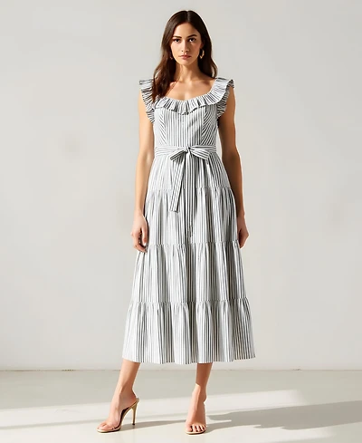 Modenaire Women's Striped Tiered Ruffle-Sleeve Midi Dress