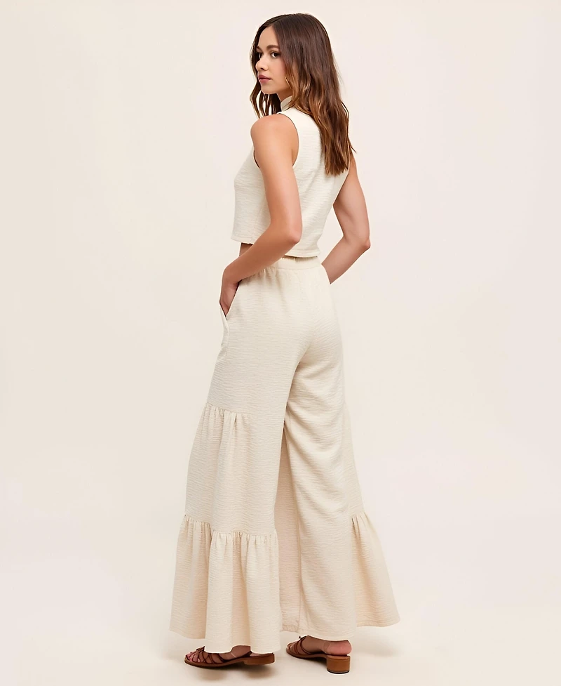 Modenaire Women's Sleeveless Textured Mock-Neck Crop Top & Tiered Wide-Leg Drawstring Pants 2-Pc. Set