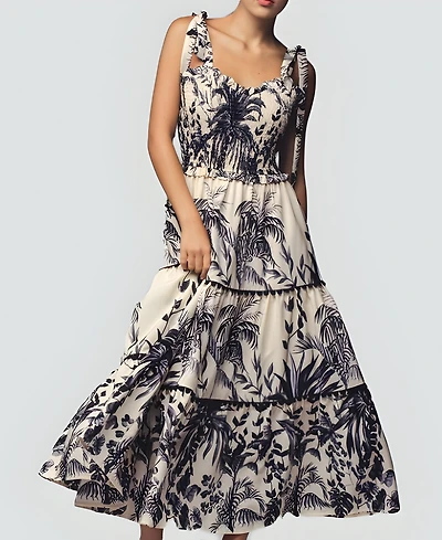 Modenaire Women's Tropical Print Tiered Midi Dress