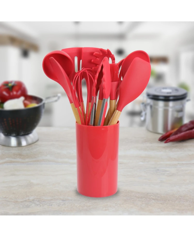 MegaChef Red Silicone and Wood Cooking Utensils, Set of 12