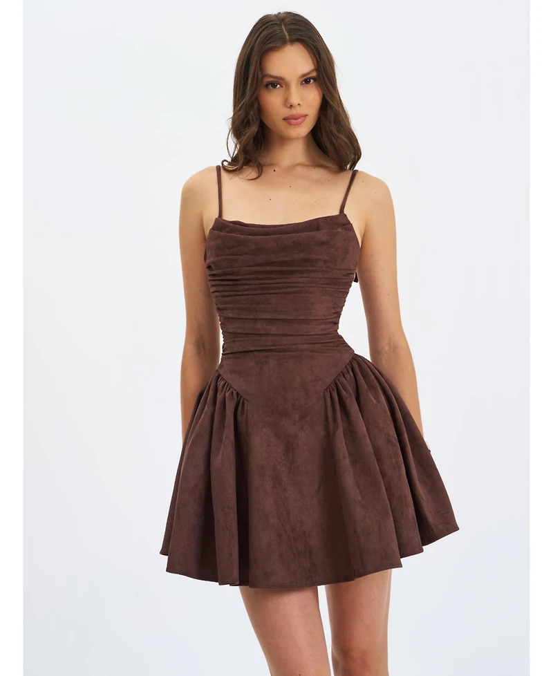Miss Circle Women Raisa Mahogany Suede Ruched Mini Dress