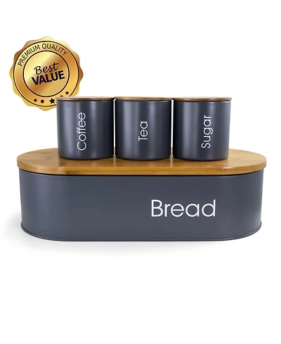 MegaChef Bamboo Kitchen Countertop 4 Piece Metal Bread Basket and Canister Set in Gray with Lids