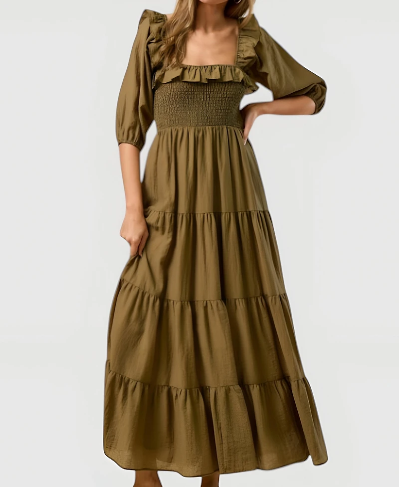 Modenaire Women's Tiered Smocked-Bodice Square-Neck Maxi Dress