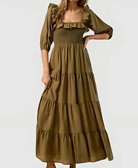 Modenaire Women's Tiered Smocked-Bodice Square-Neck Maxi Dress