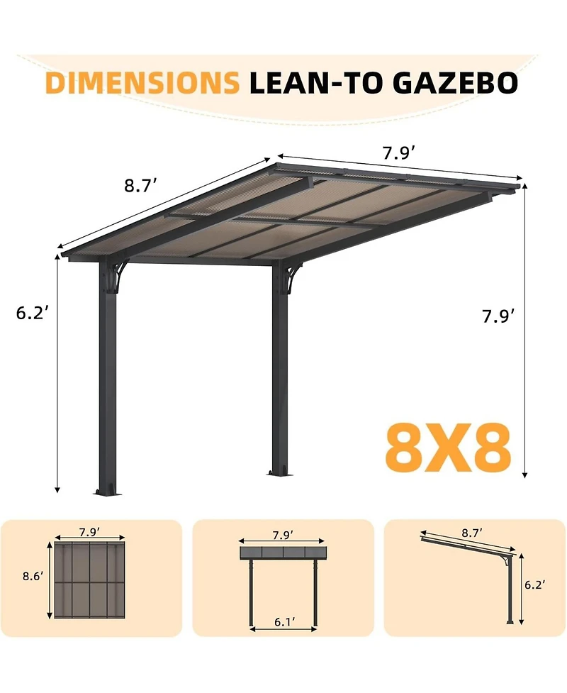 Aecojoy 8' x 8' Gazebo for Patio, Freestanding Lean to Hard Top Gazebo Carport Shelter