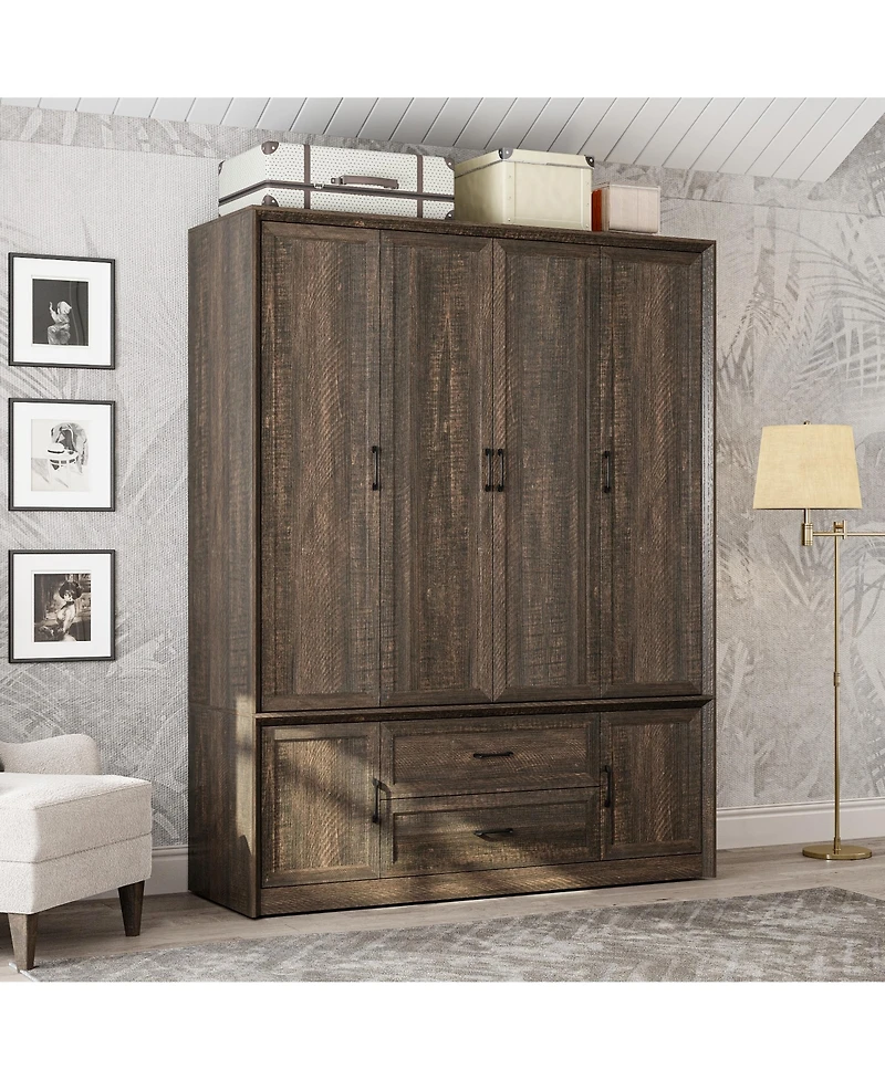 Homsee 6-Doors Big Armoires Wardrobe with Hanging Rods, 2-Drawers, Metal handles,Bedroom Closet