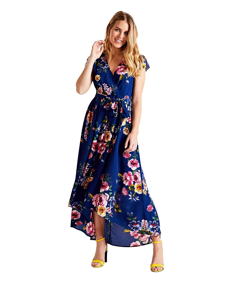 Yumi Women's Floral Print Dipped Hem Wrap Midi Dress